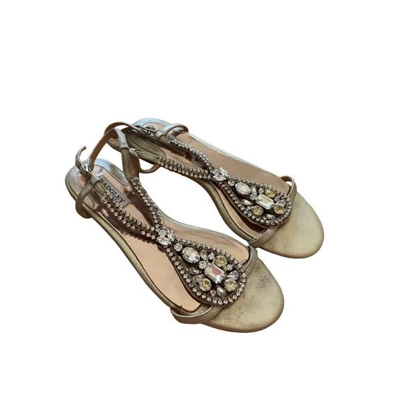 Badgley Mischka Womens Beige Embellished Leather Flat Jeweled Sandals Size 9M - Picture 1 of 8